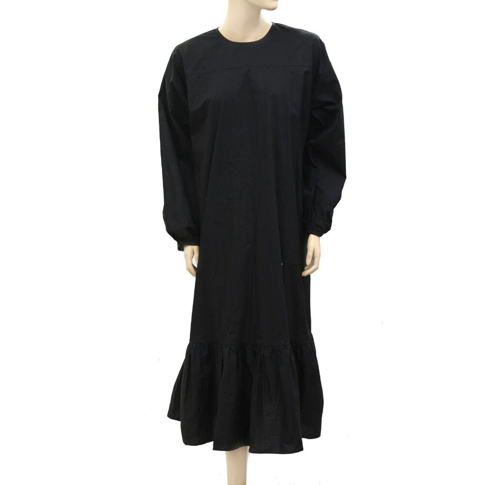 Merlette NYC Black Cotton-Voile Midi Dress Oversized Resort Long Sleeve S 252515